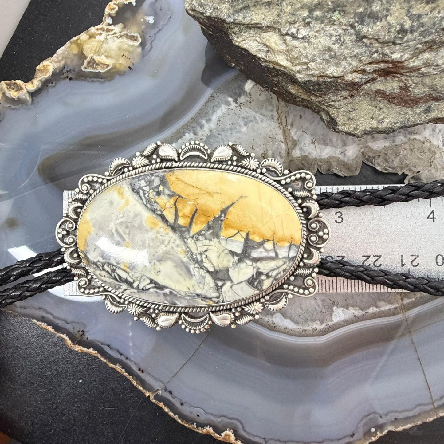 Sterling Silver Southwestern Style Oval Large Maligano Jasper Bolo Tie For Men