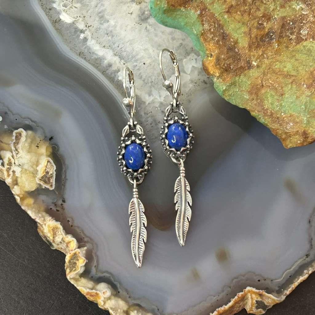 Carolyn Pollack Sterling Silver Lapis with Feather Dangle Earrings For Women