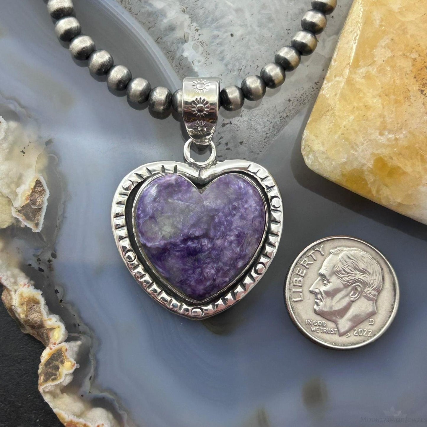 Sterling Silver Southwestern Style Charoite Decorated Heart Pendant For Women #1