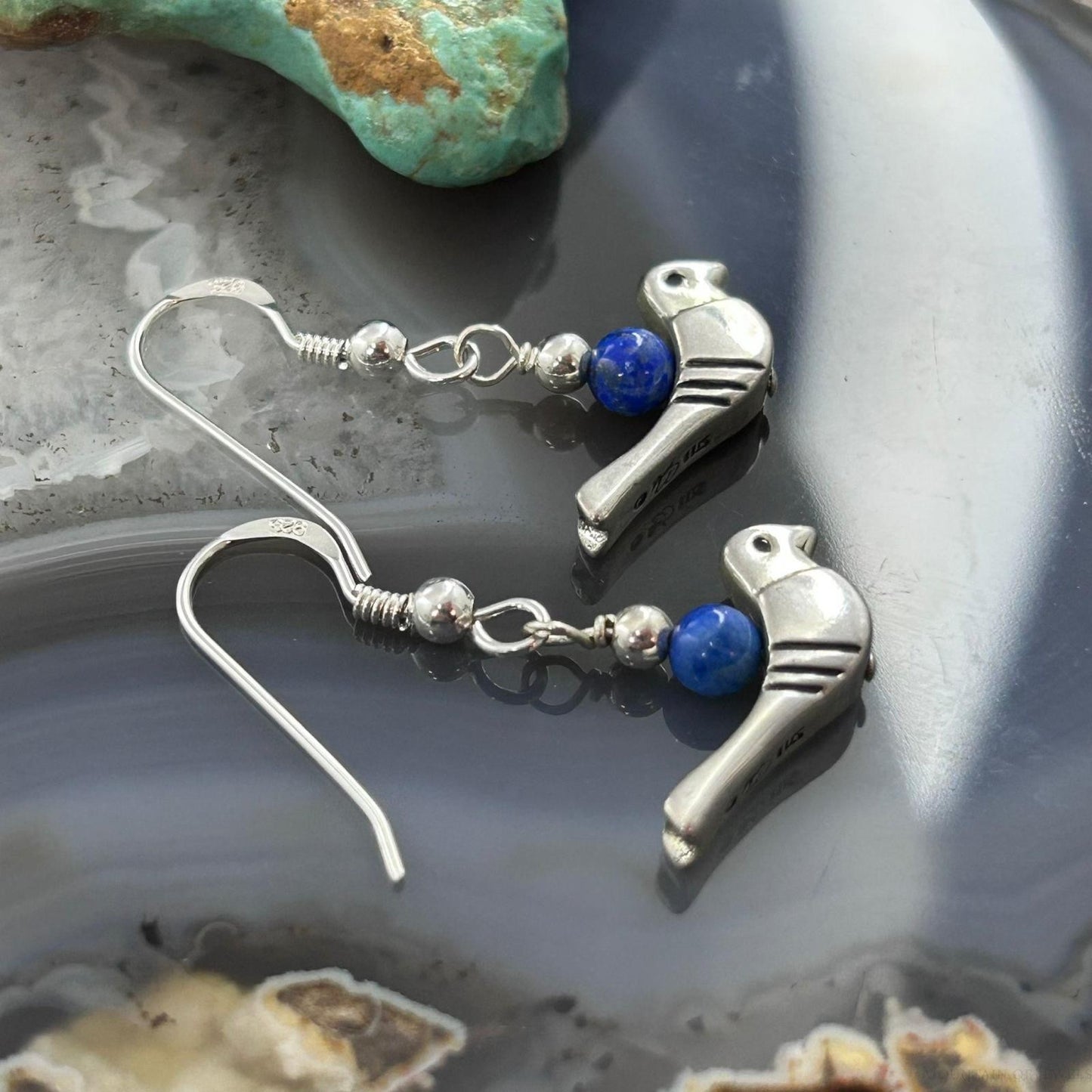 Carolyn Pollack Southwestern Style Sterling Silver Bird with Lapis Bead Dangle Earrings For Women