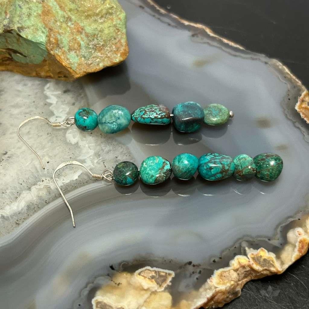 Sterling Silver Natural 5 Turquoise Beads Long Dangle Earrings For Women