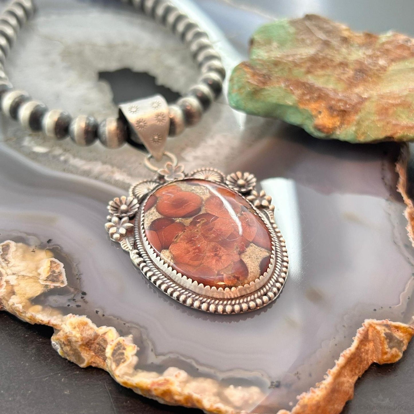 Sterling Silver Southwestern Style Oval Peanut Obsidian Decorated Pendant For Women