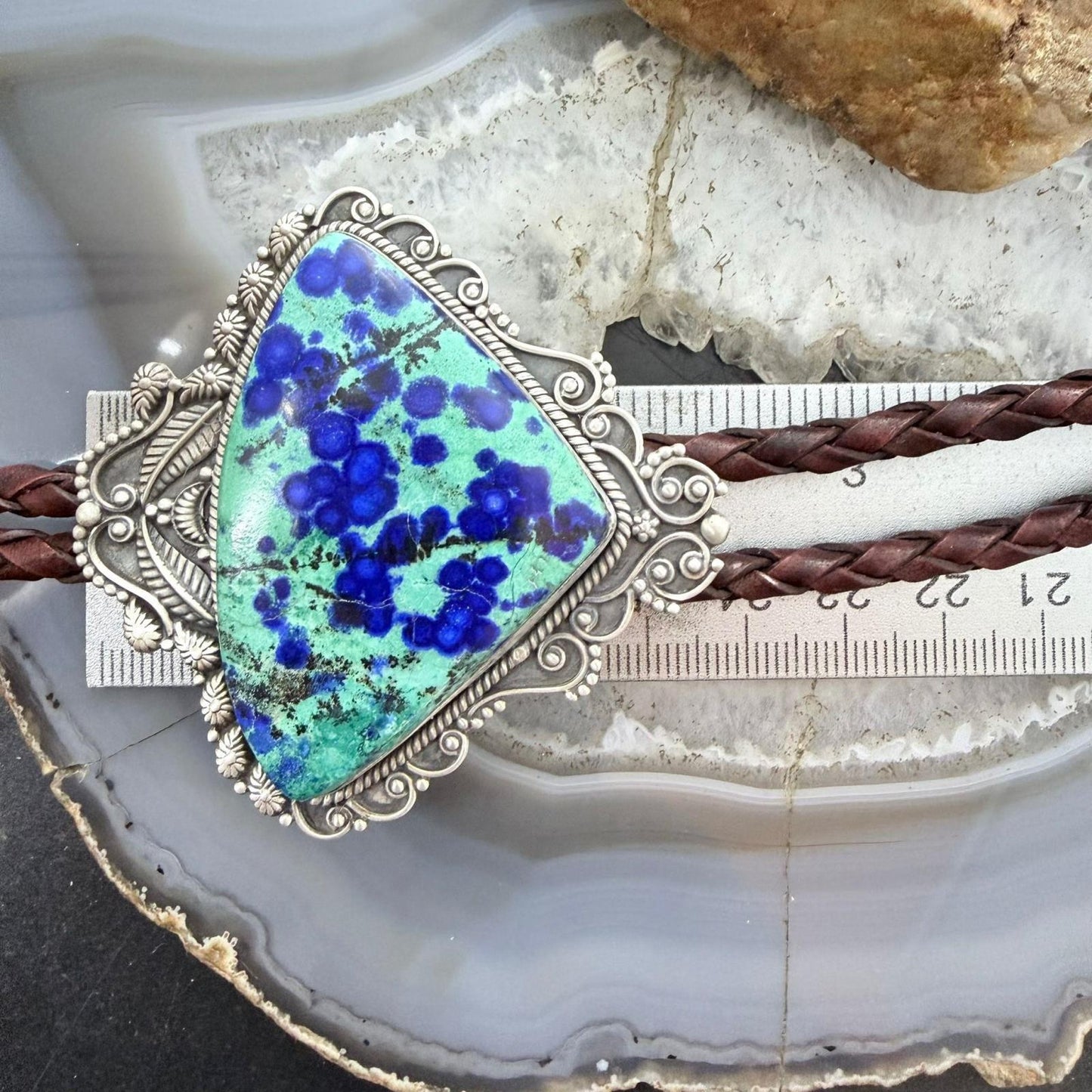 Sterling Silver Southwestern Style Large Triangle Malachite Azurite Bolo Tie For Men