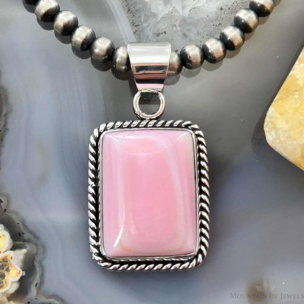 Native American Sterling  Silver Rectangle Pink Conch Decorated Pendant For Women #2
