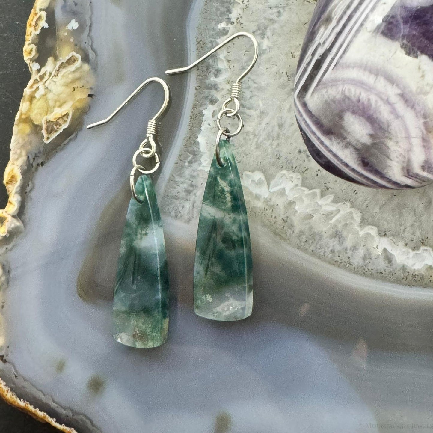 Sterling Silver Triangle Moss Agate Slab Dangle Earrings For Women #234