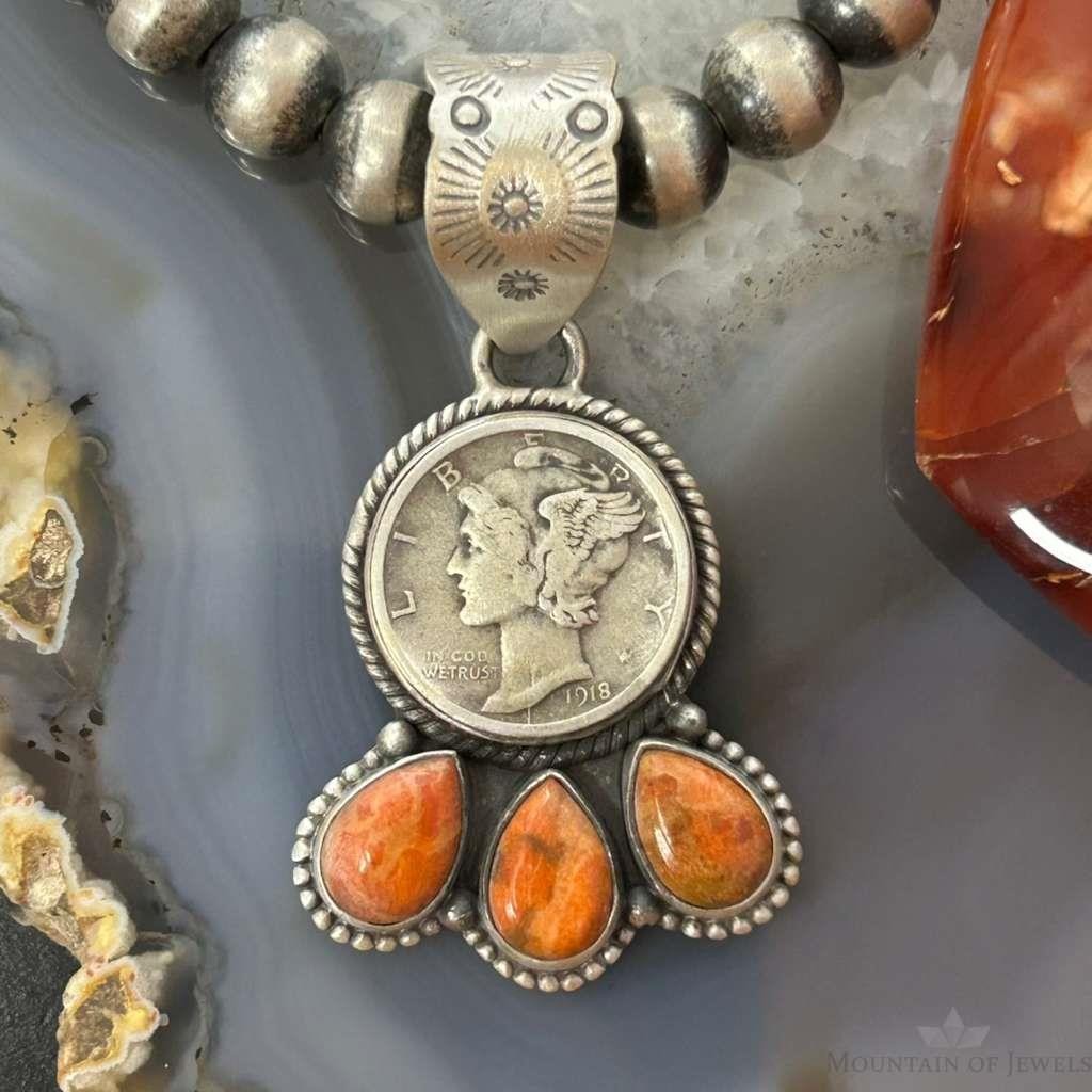Genuine 1918 90% Silver Mercury Dime Coin w/Teardrop Orange Spiny Oyster Pendant