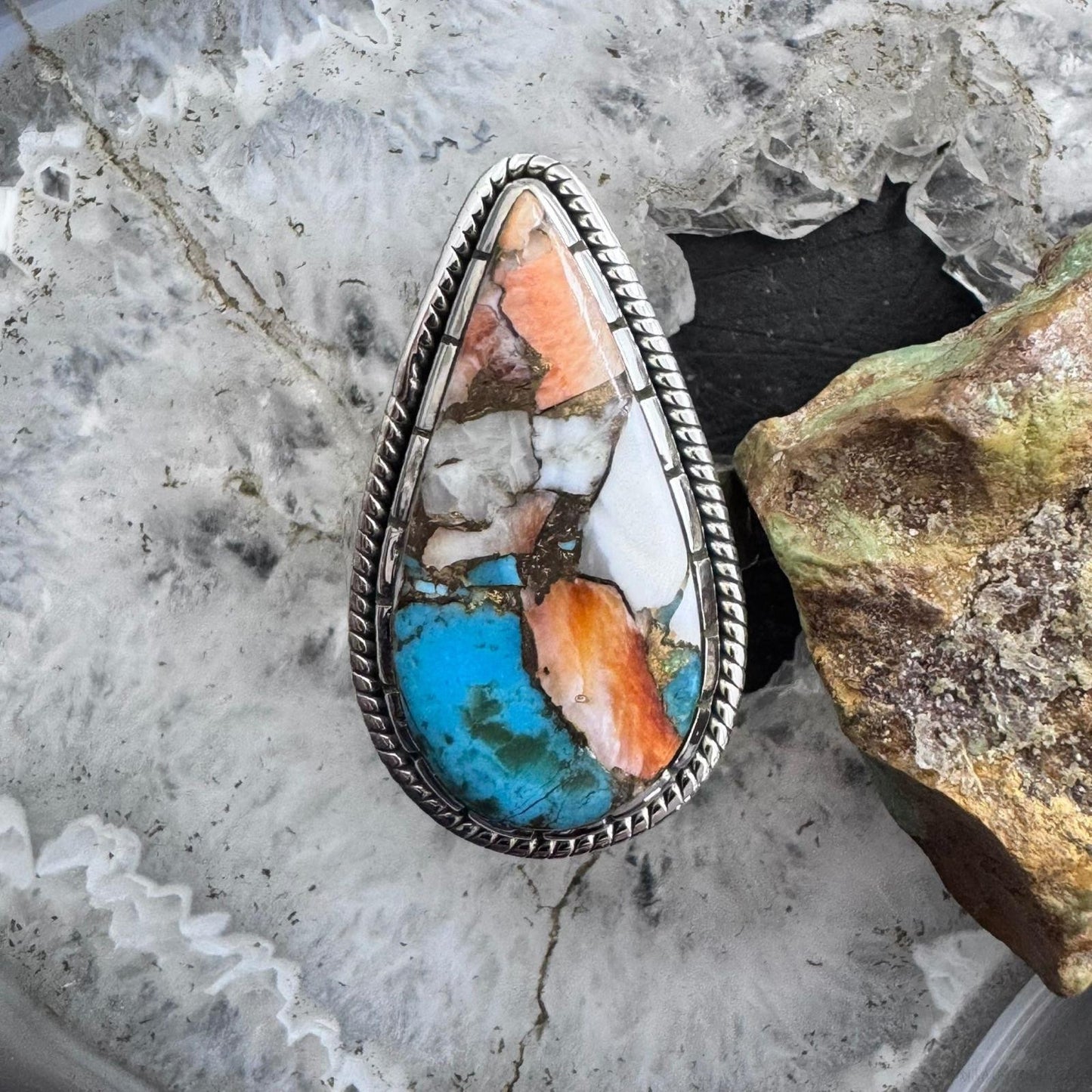 Sterling Silver Southwestern Style Teardrop Composite Spiny Oyster Turquoise Ring 10.75 For Women
