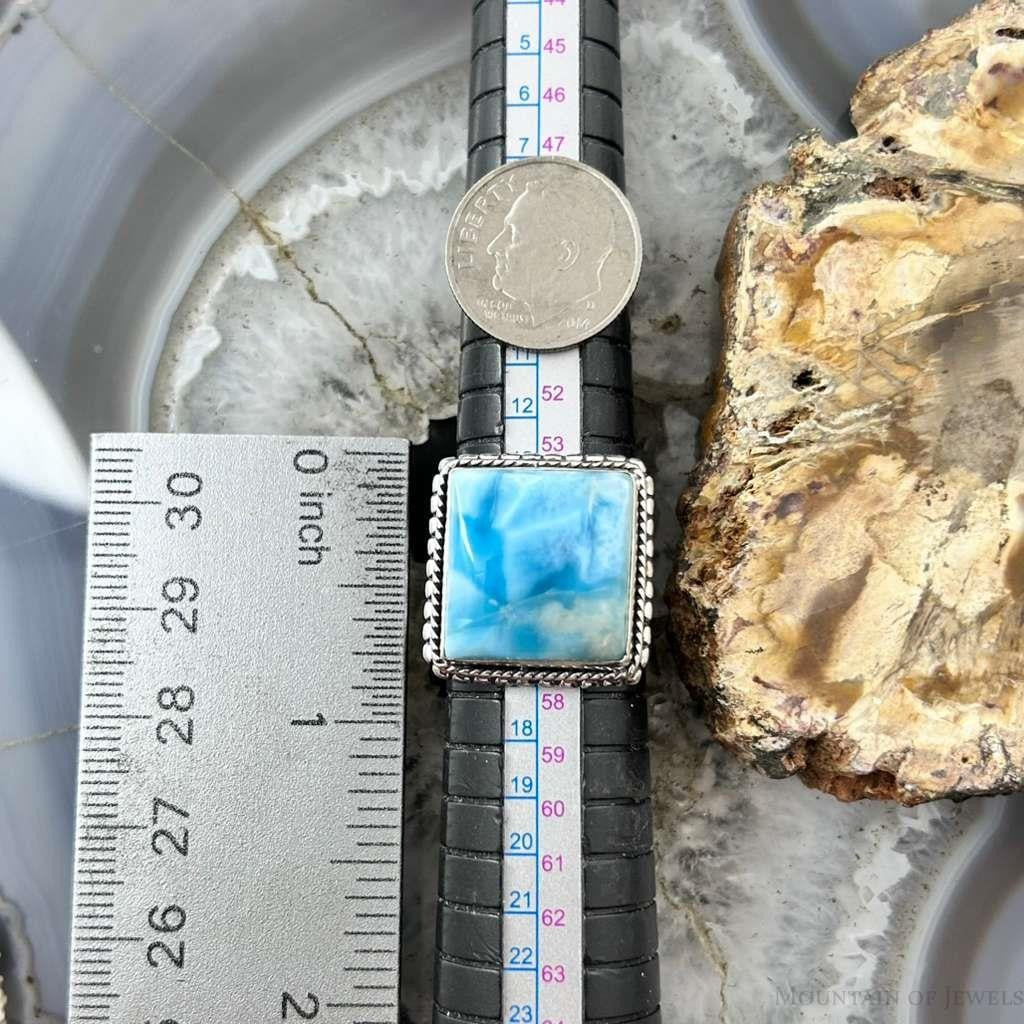 Sterling Silver Southwestern Style Larimar Decorated Bar Ring Size 7.5 For Women