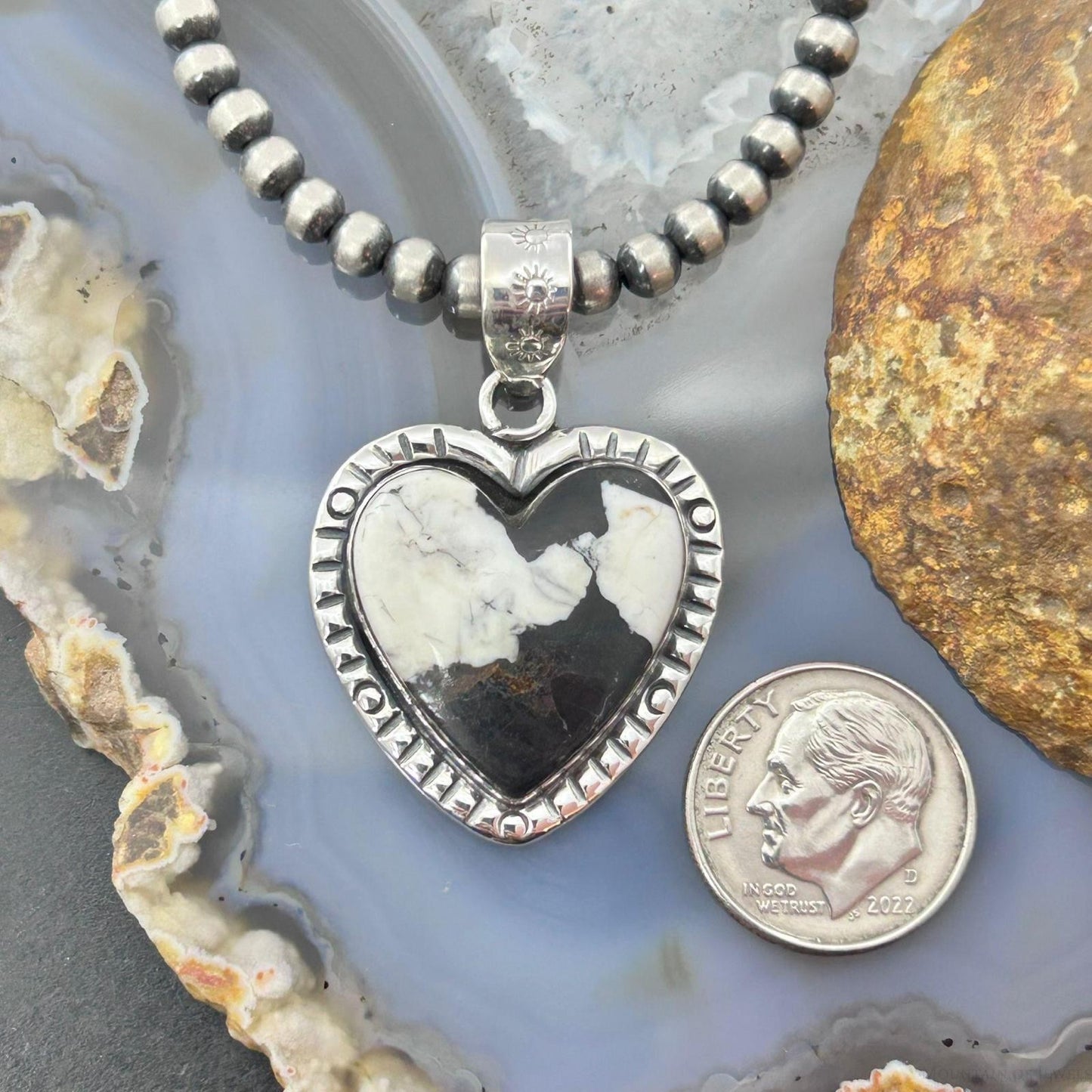 Sterling Silver Southwestern Style White Buffalo Decorated Heart Pendant For Women #4