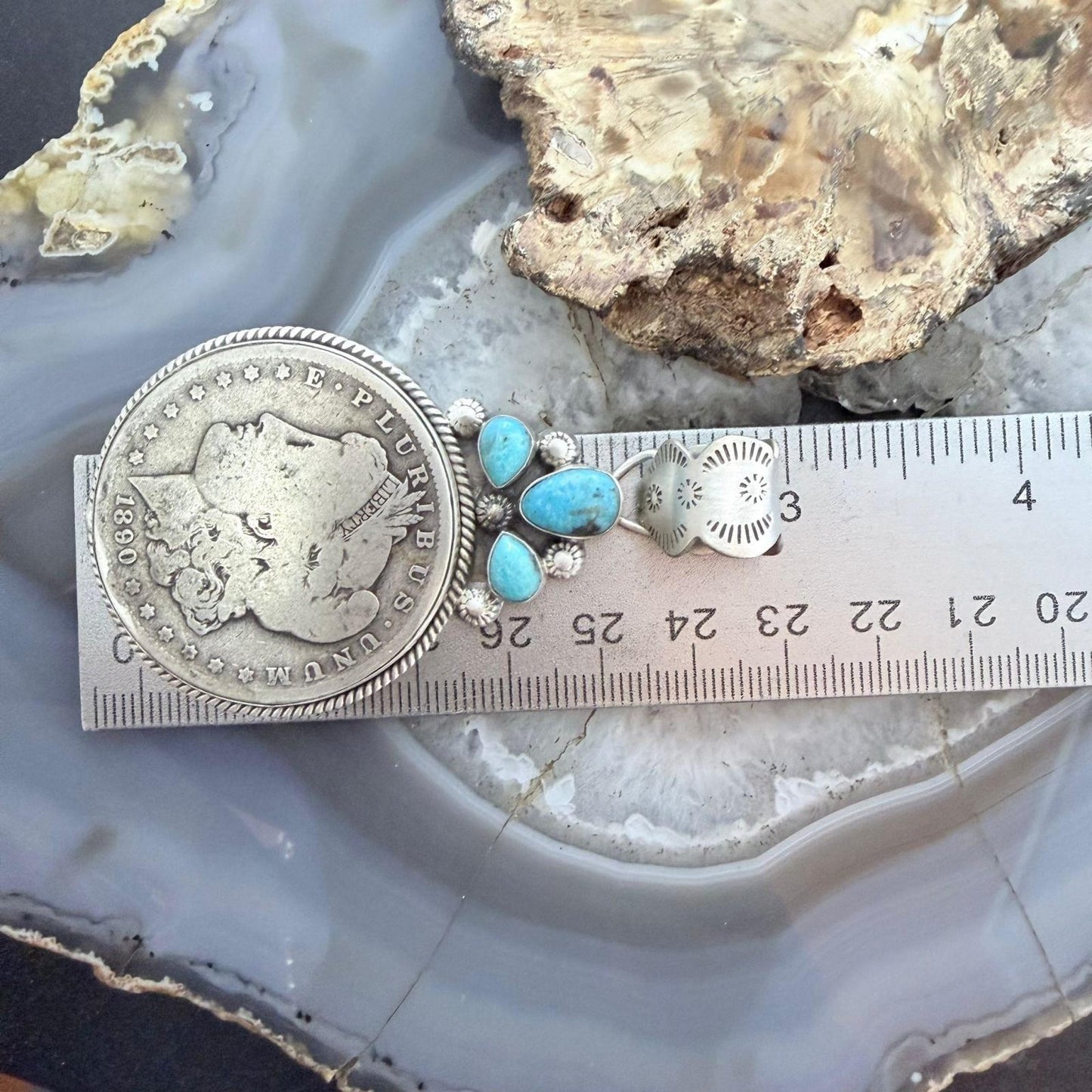 Genuine 1890 90% Morgan Silver Dollar Coin Turquoise Decorated Unisex Pendant #1