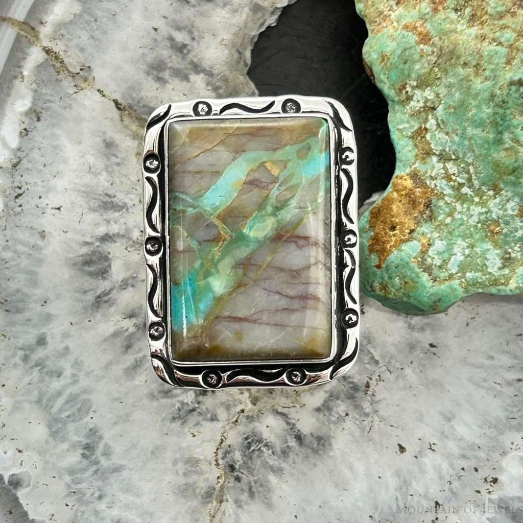 Native American Sterling Silver Rectangle Boulder Ribbon Turquoise Bar Ring Size 7.25 For Women