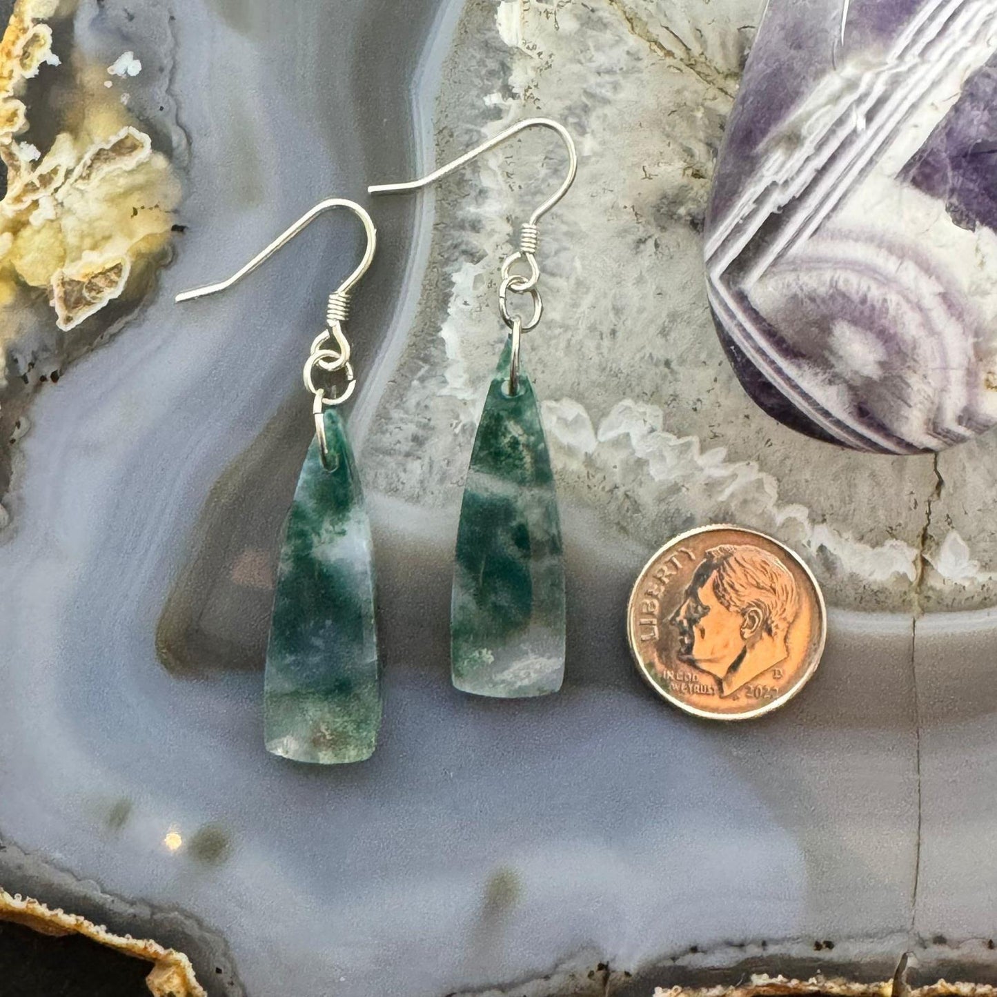 Sterling Silver Triangle Moss Agate Slab Dangle Earrings For Women #234