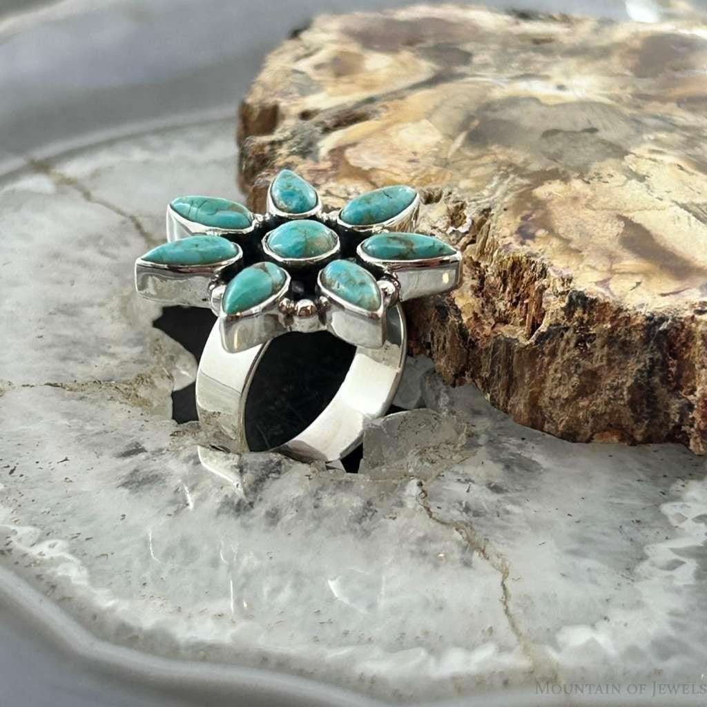Sterling Silver Southwestern Style Mohave Turquoise Cluster Ring Size 7 For Women