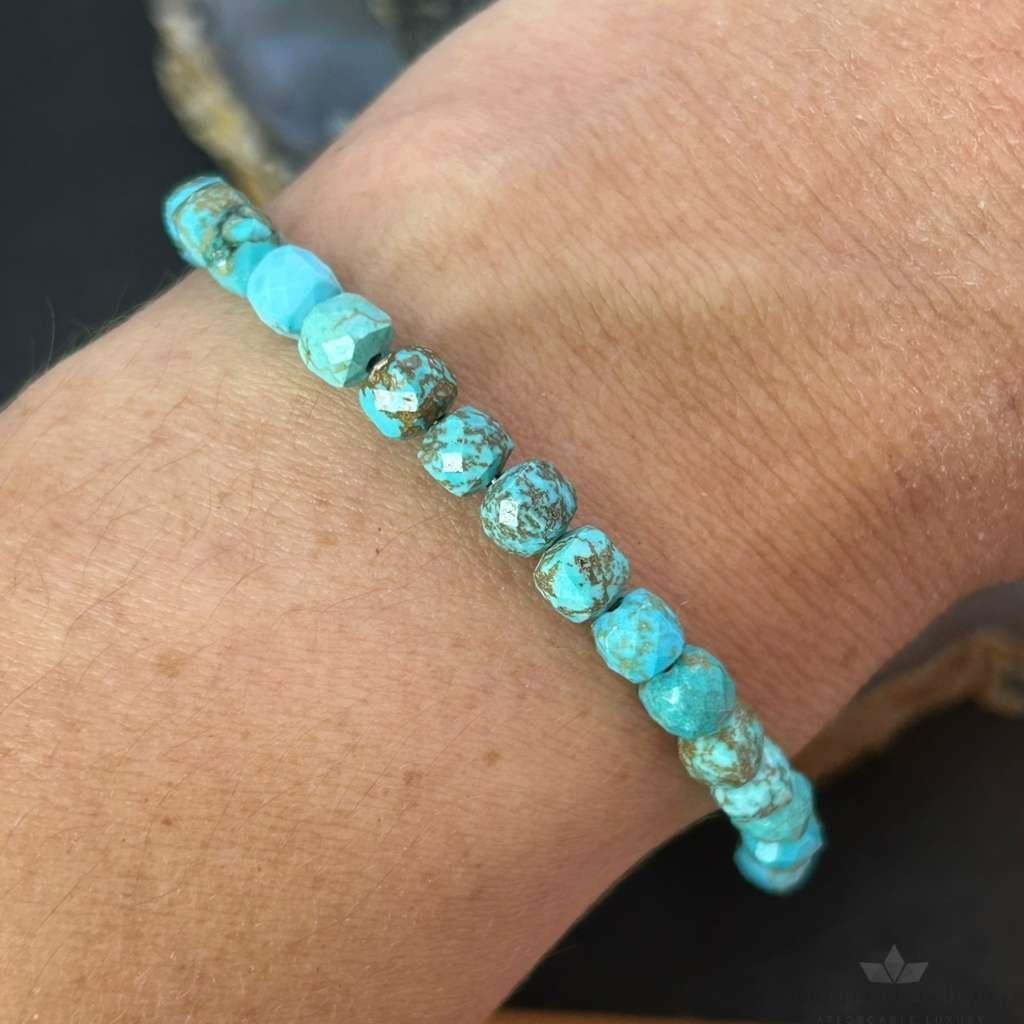 Sterling Silver Faceted Turquoise Beads 7.5" Bracelet For Women