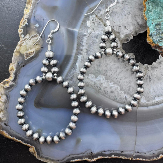 Navajo Pearl Bead 4 mm Sterling Silver Hoop Dangle Earrings For Women