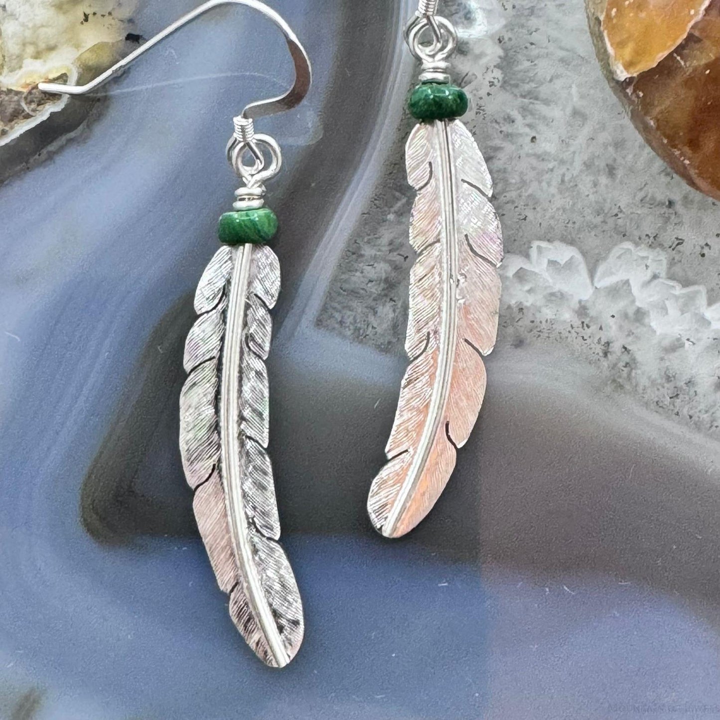 Anthony Gatewood Sterling Silver & Malachite Bead Feather Dangle Earrings For Women