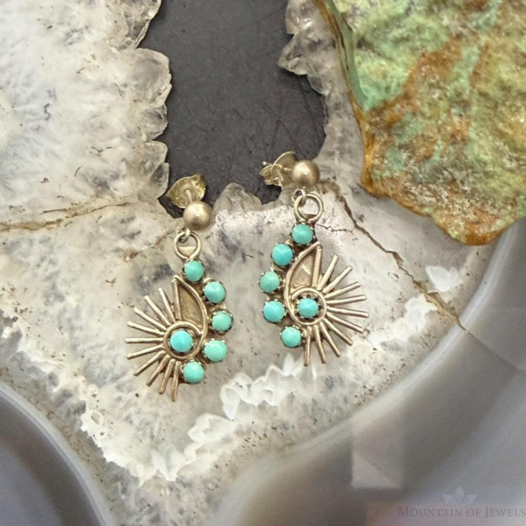Vintage Native American Silver 6 Petitpoint Turquoise Dangle Earrings For Women