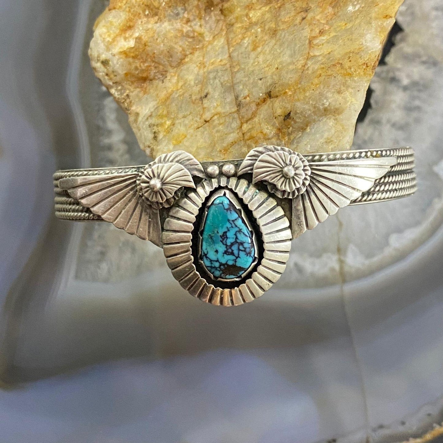 Vintage Native American Silver Teardrop Turquoise Decorated Bracelet For Women