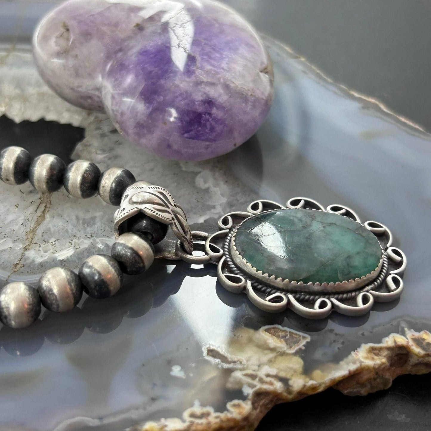 Sterling Silver Southwestern Style Oval Dark Emerald Decorated Pendant For Women
