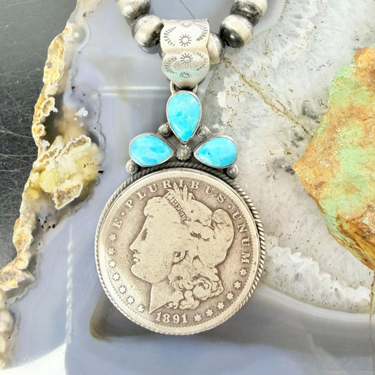 Genuine 1891 90% Silver Morgan Dollar Coin Teardrop Turquoise Decorated Pendant
