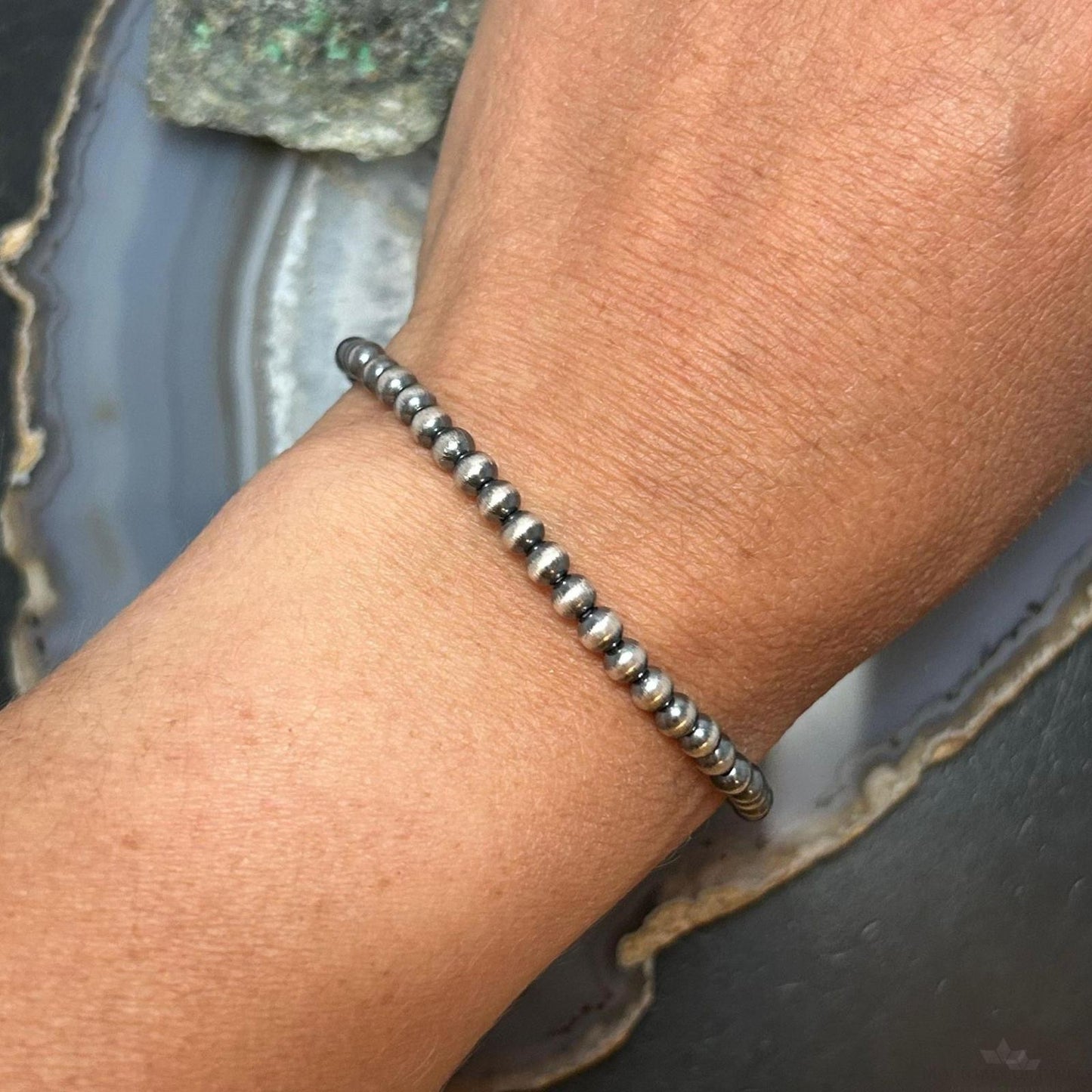 Sterling Silver 4mm Navajo Pearl Beads 6.5" Stretch Bracelet For Women
