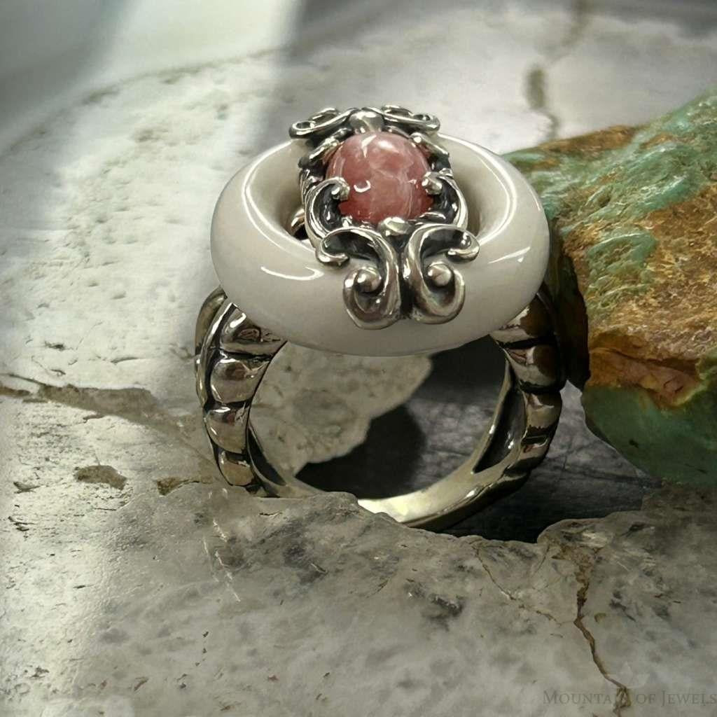 Carolyn Pollack Sterling Silver White Agate & Rhodochrosite Ring Size 5.25 For Women