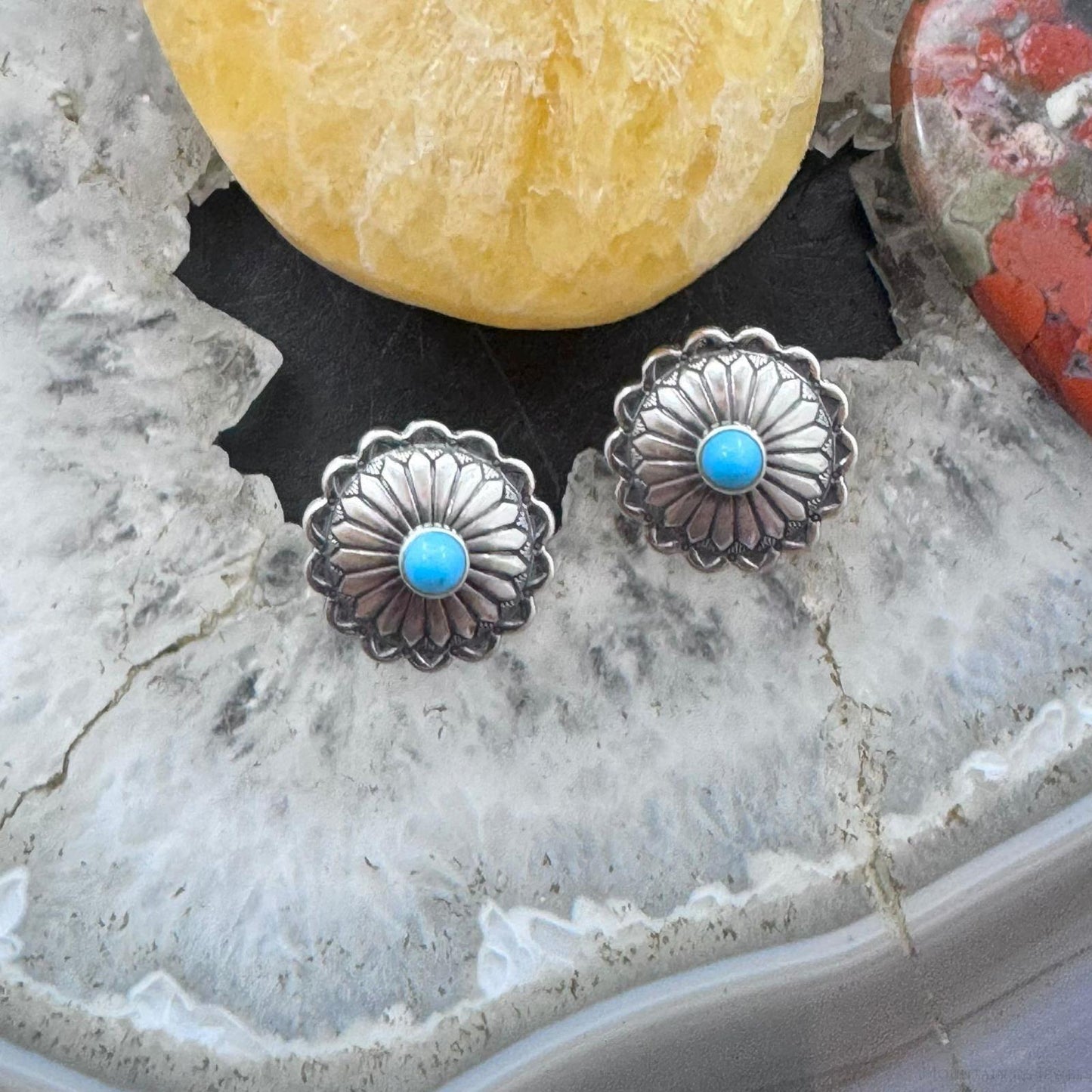 Native American Sterling Silver Repousse Concho with Turquoise Dot Stud Earrings