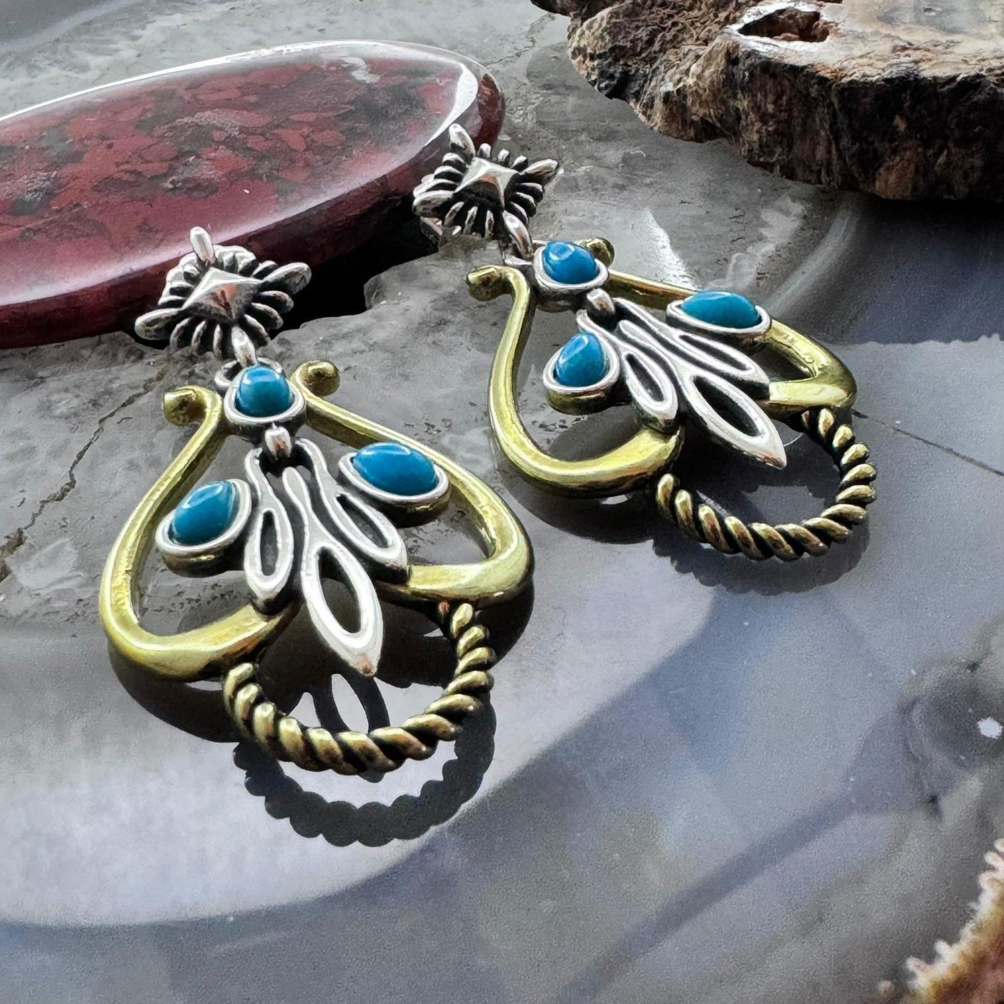 Carolyn Pollack Sterling Silver & Brass Sleeping Beauty Turquoise Post Dangle Earrings For Women