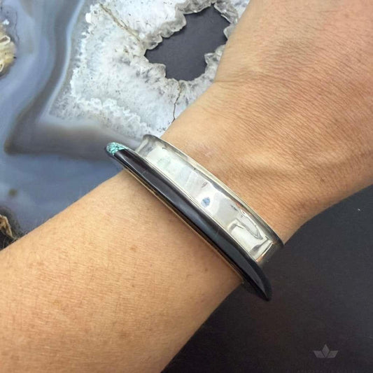 Vintage Native American Sterling Silver Onyx & Turquoise Tapered Bracelet For Women
