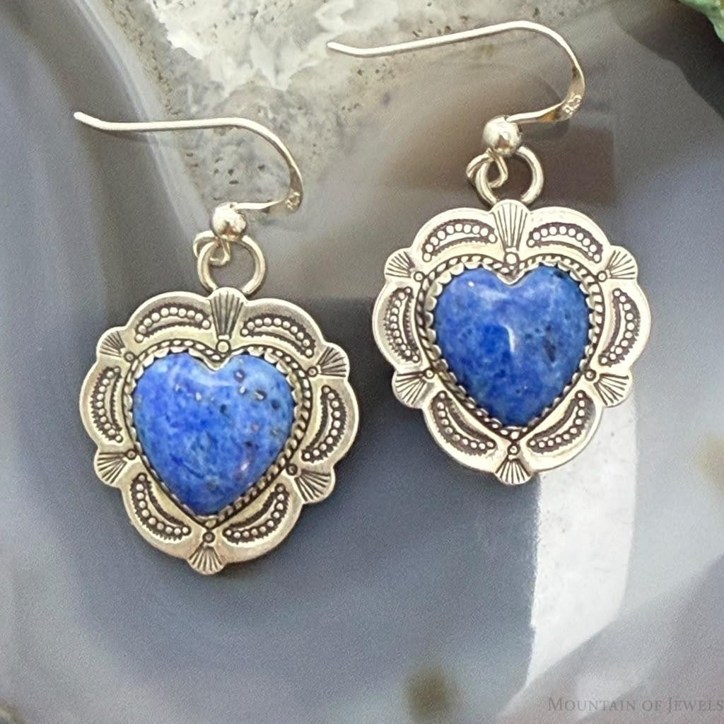 Vintage Signed Sterling Silver Denim Lapis Heart Dangle Earrings For Women