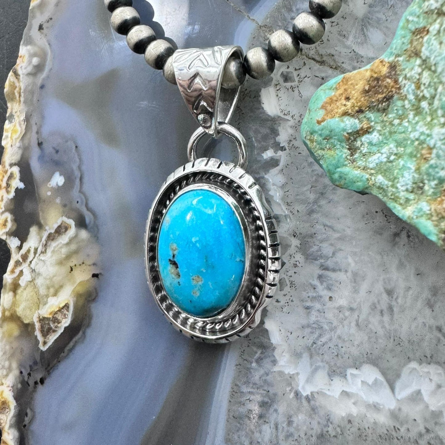 Native American Sterling Silver Oval Turquoise Decorated Unisex Pendant