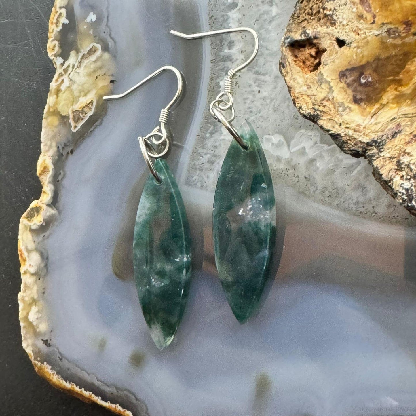 Sterling Silver Elongate Marquise Moss Agate Slab Dangle Earrings For Women #233