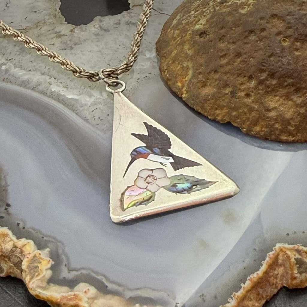 Vintage Linda Barber Zuni Sterling Silver Inlay Hummingbird Pendant For Women