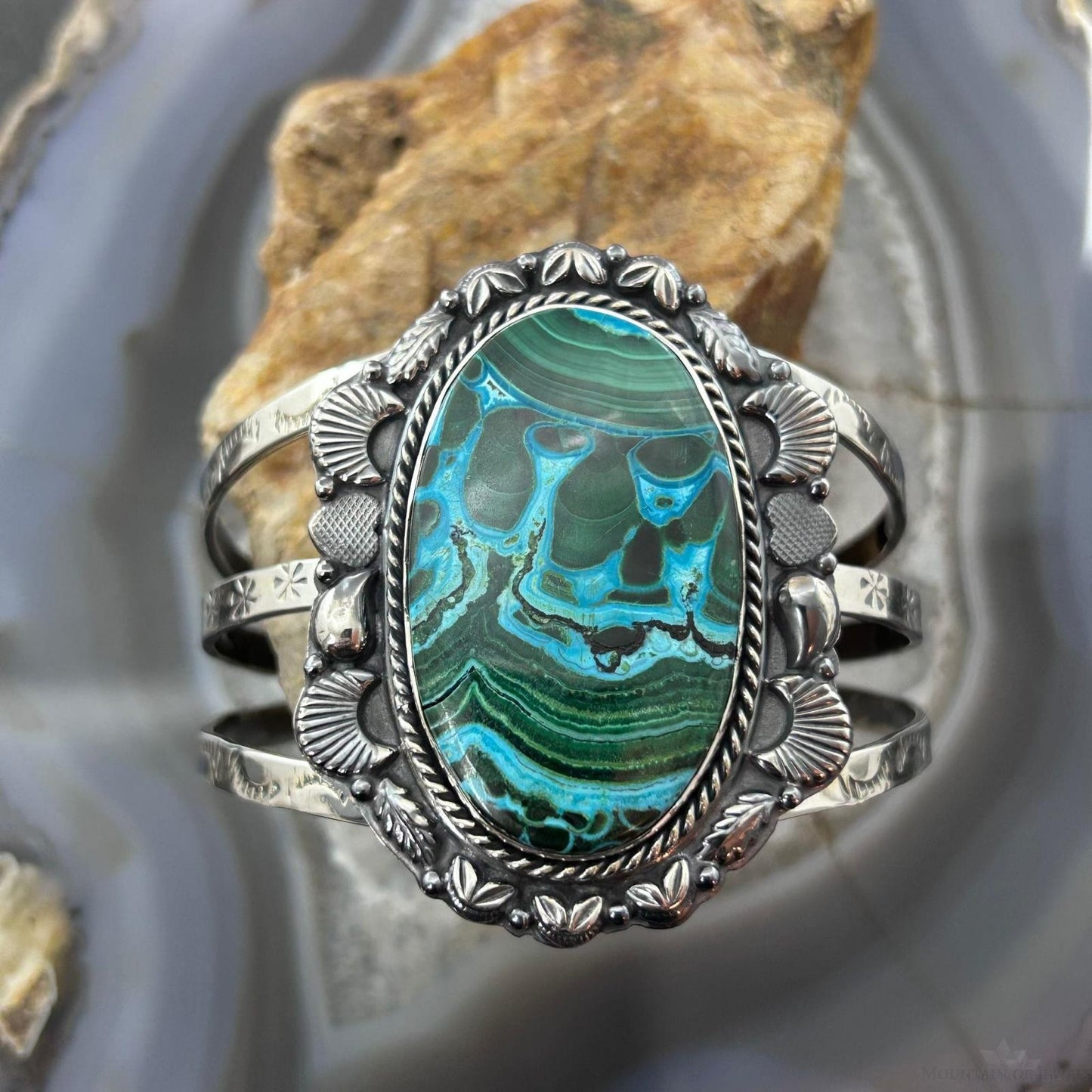 Sterling Silver Southwestern Style Large Oval Azurite Malachite Bracelet For Women