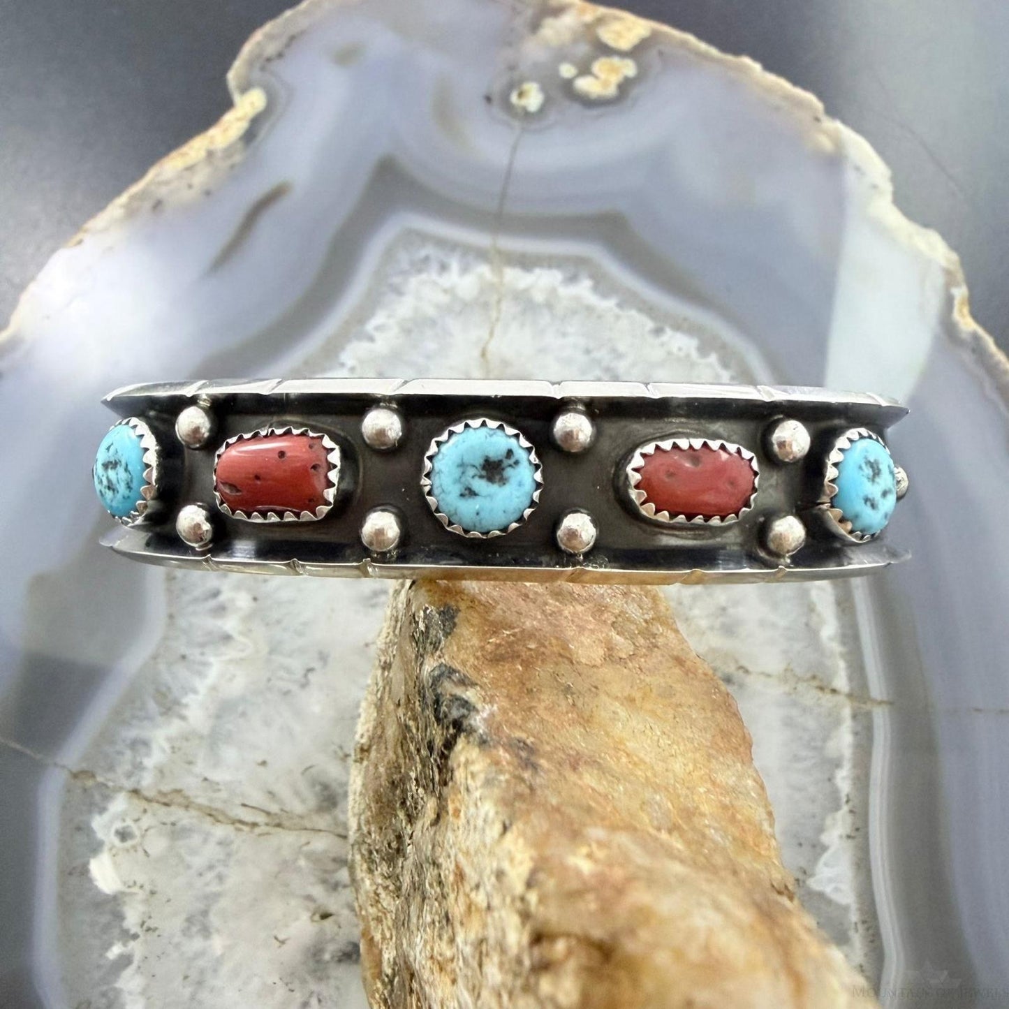 Reed Charley Native American Sterling Silver Turquoise & Coral Row Bracelet For Women