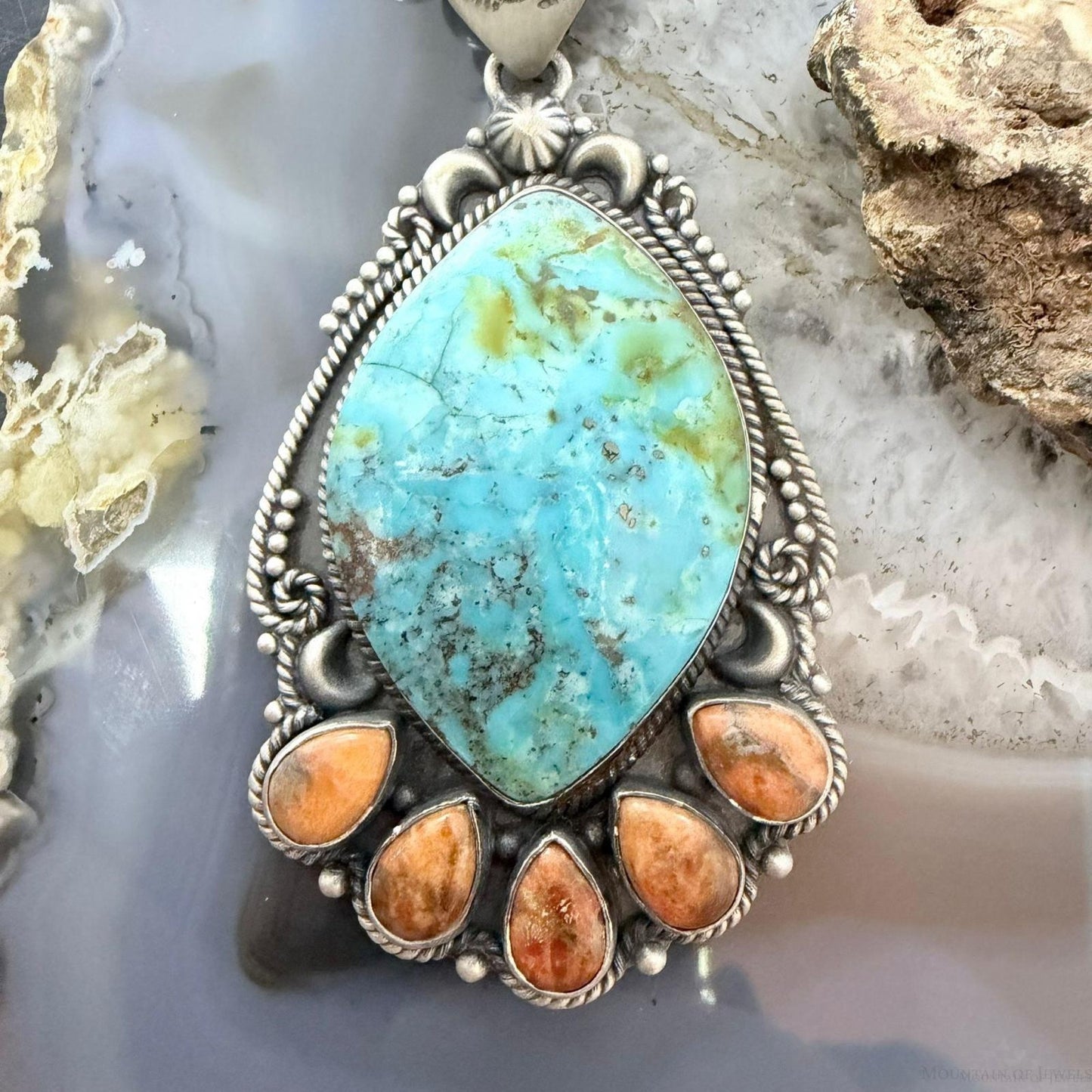 Sterling Silver Southwestern Style Large Turquoise & Spiny Oyster Pendant For Women
