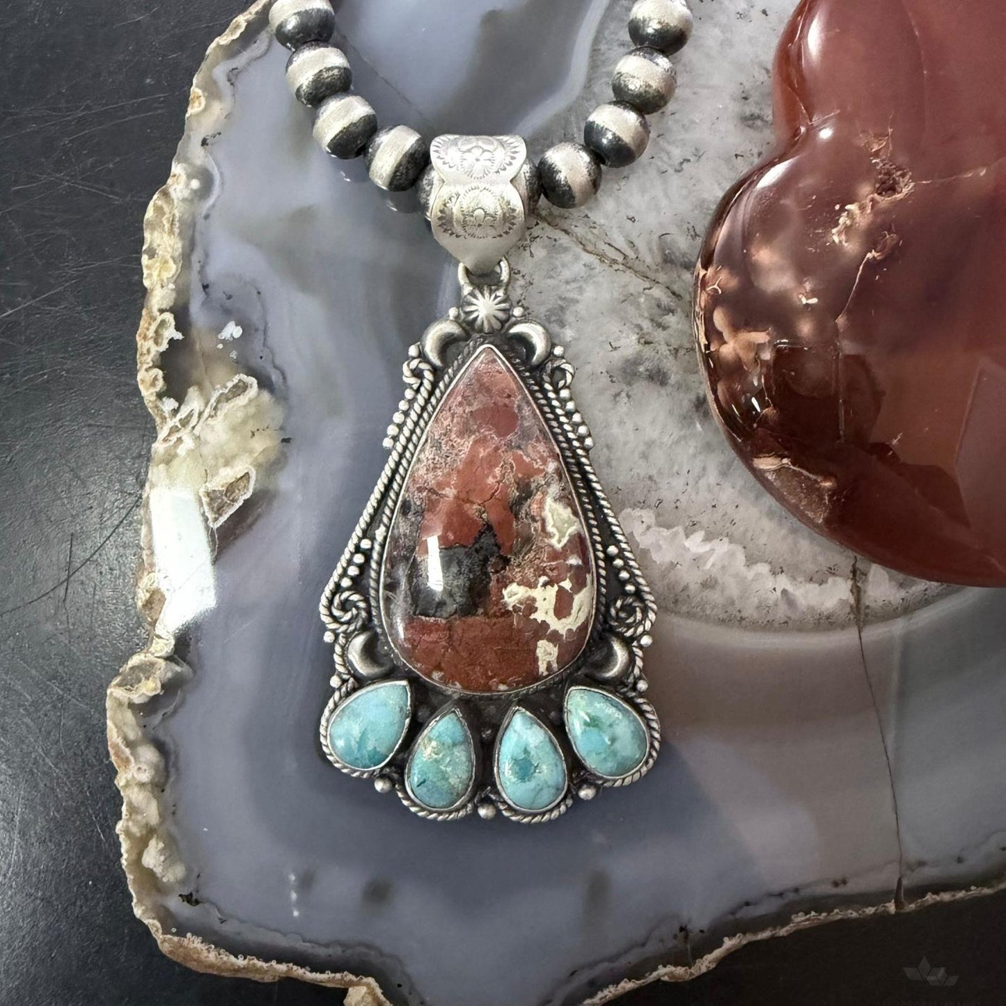 Sterling Silver Southwestern Style Large Red Creek & Mohave Turquoise Pendant For Women