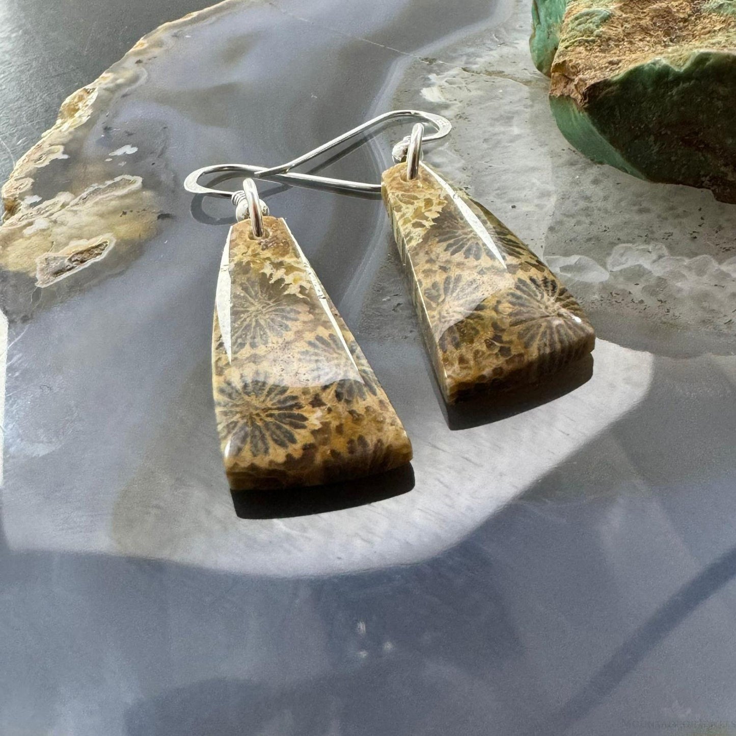 Sterling Silver Triangle Fossilized Jasper Slab Dangle Earrings For Women #198