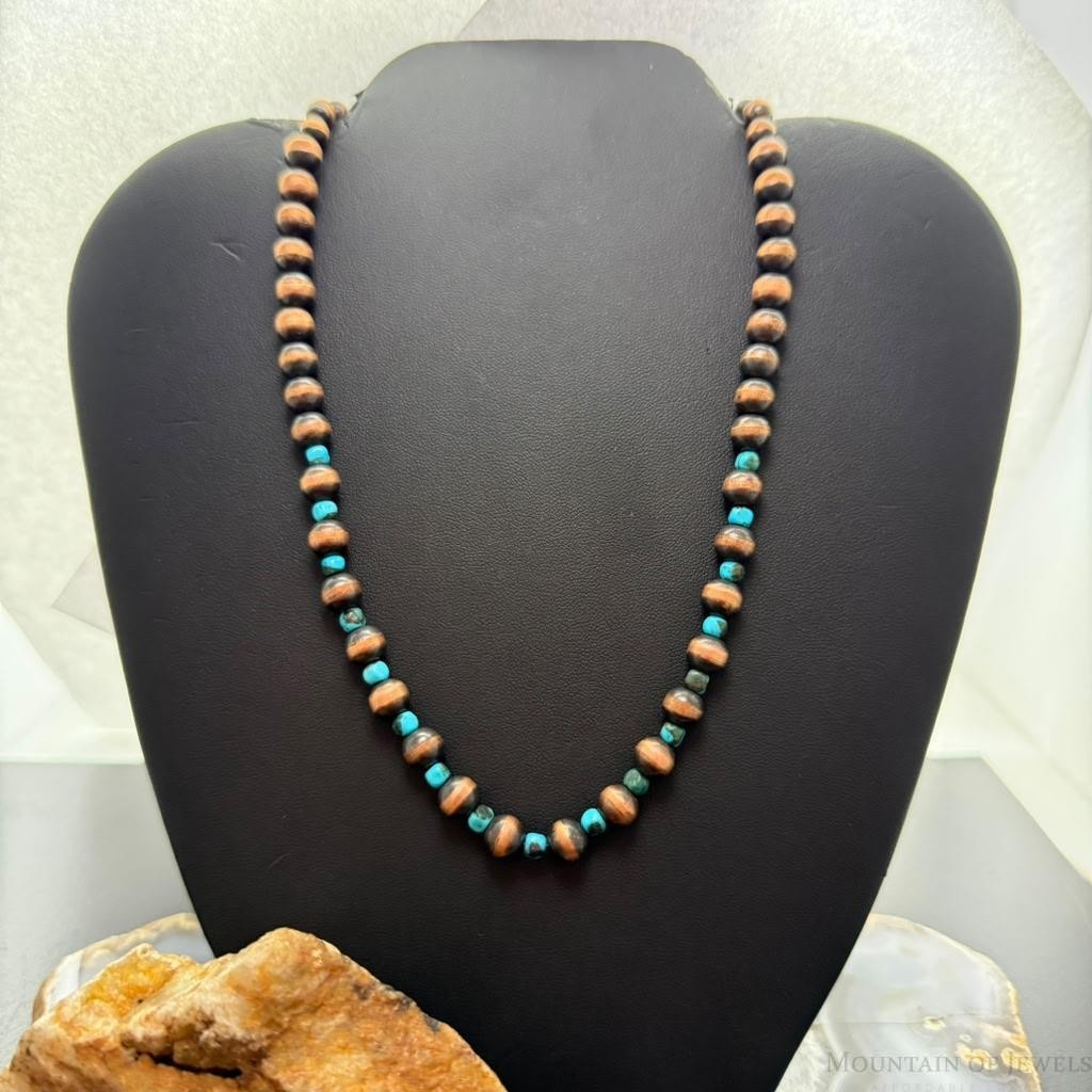 Copper 4mm-7.5mm Navajo Pearl Beads & Turquoise Beaded 20" Necklace For Women