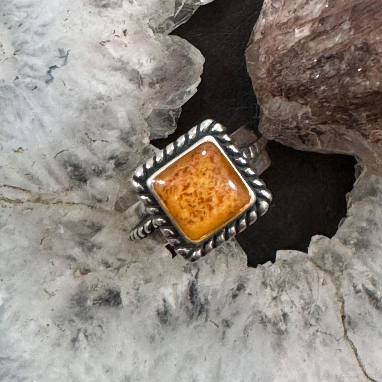 Carolyn Pollack Sterling Silver Square Amber Decorated Ring Size 5 For Women