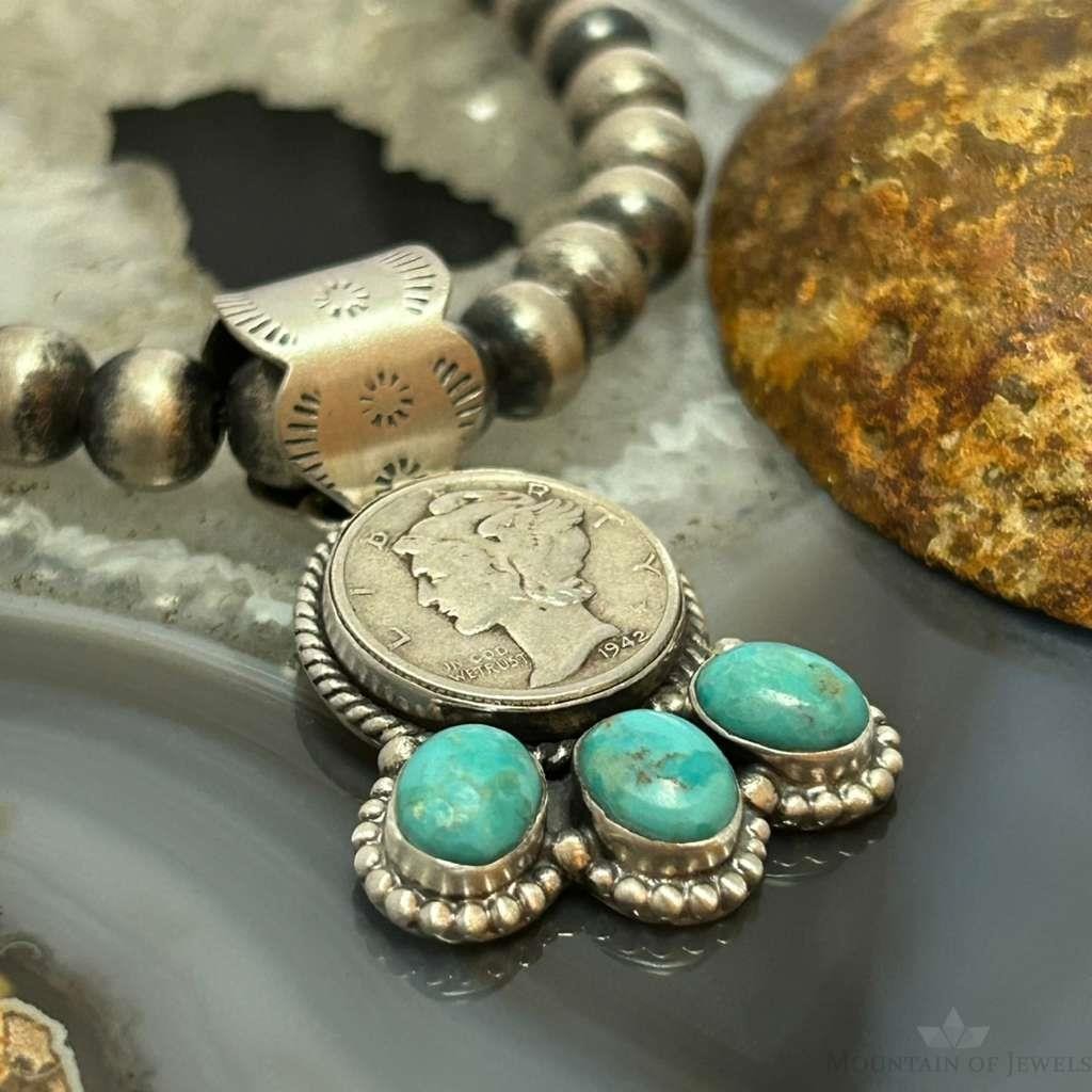 Genuine 1942 90% Silver Mercury Dime Coin Mohave Turquoise Unisex Pendant