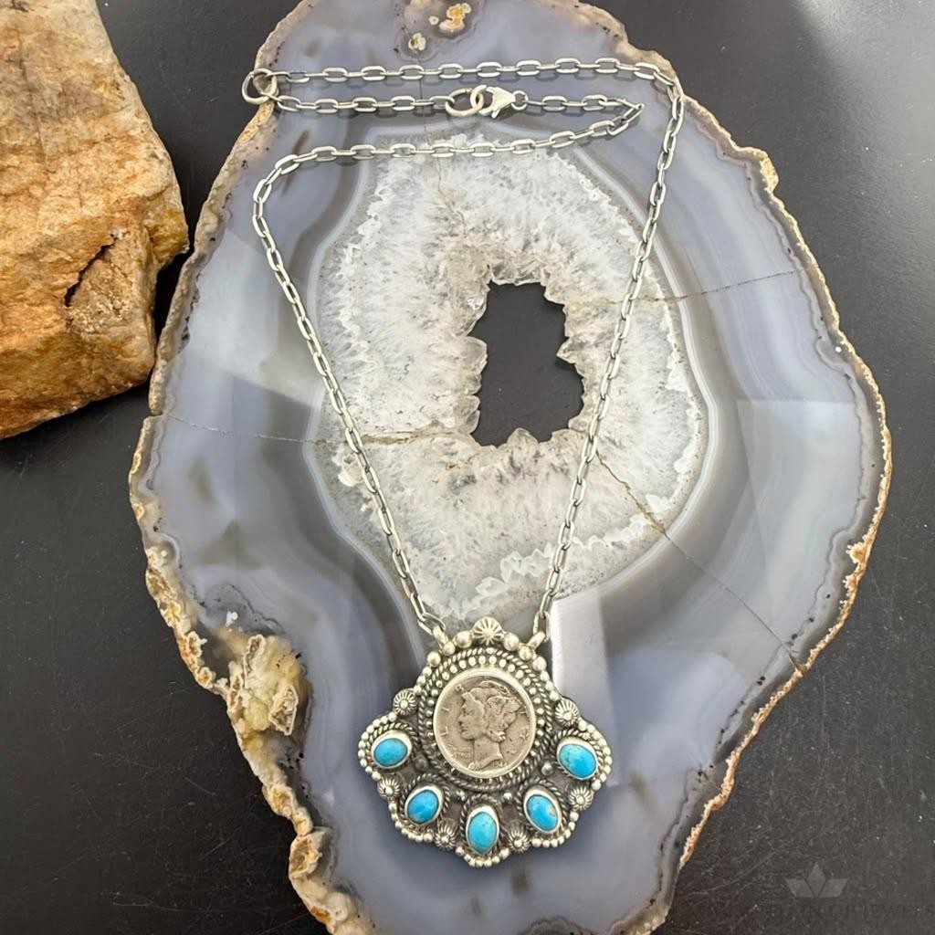 Sterling Silver Southwestern Style 1944 Mercury Dime & Kingman Turquoise Necklace For Women