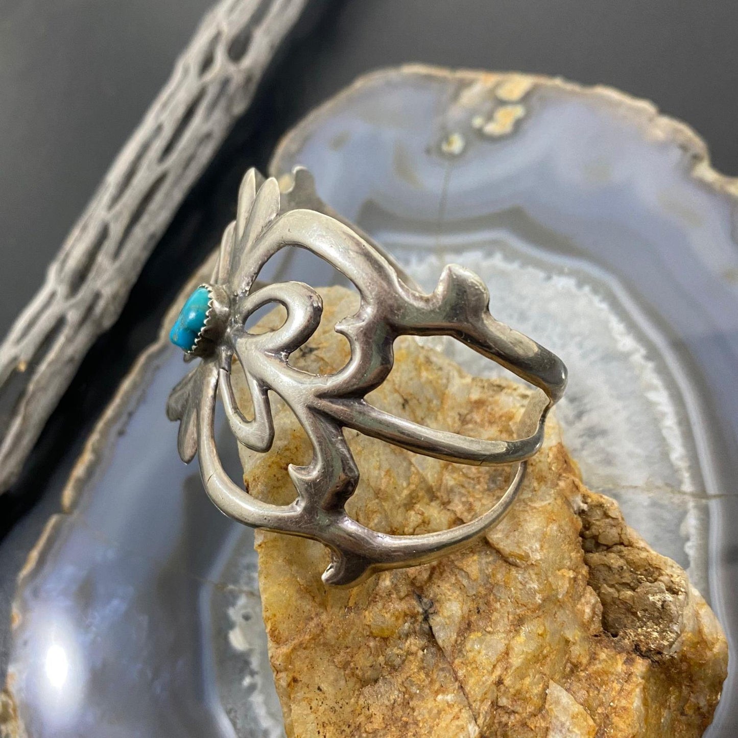 Vintage Native American Sterling Silver Turquoise Sand Cast Bracelet For Women