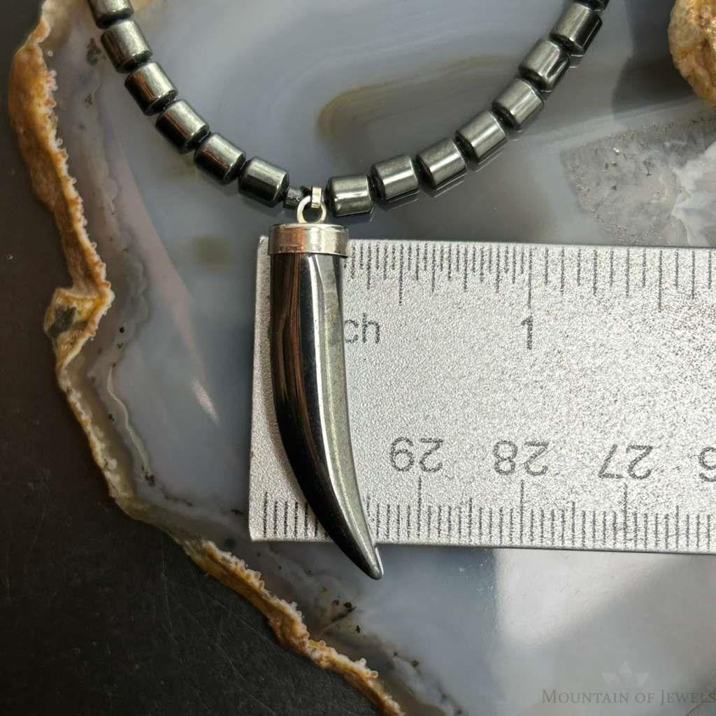 Hematite Beads with Hematite Fang Pendant Unisex 16" Necklace