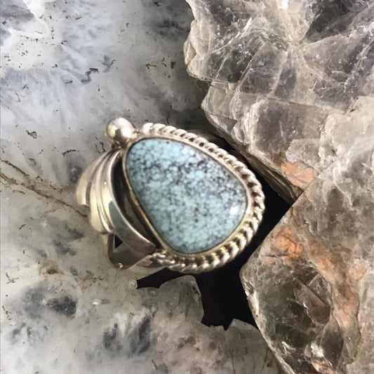 Vintage Native American Sterling Silver Teardrop Matrixed Turquoise Ring Size 6.5 For Women