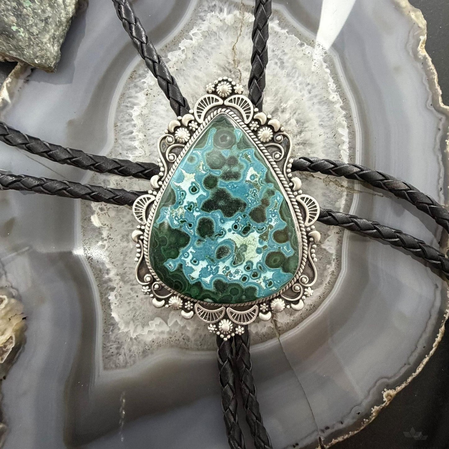 Sterling Silver Southwestern Style Triangle Azurite Malachite Bolo Tie For Men