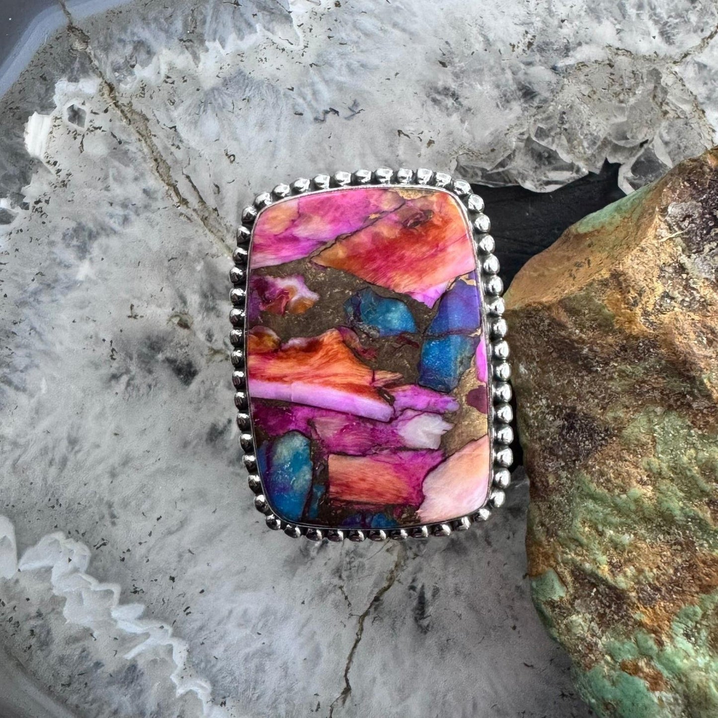 Sterling Silver Southwestern Style Rectangle Mohave Dahlia Ring Size 9.75 For Women