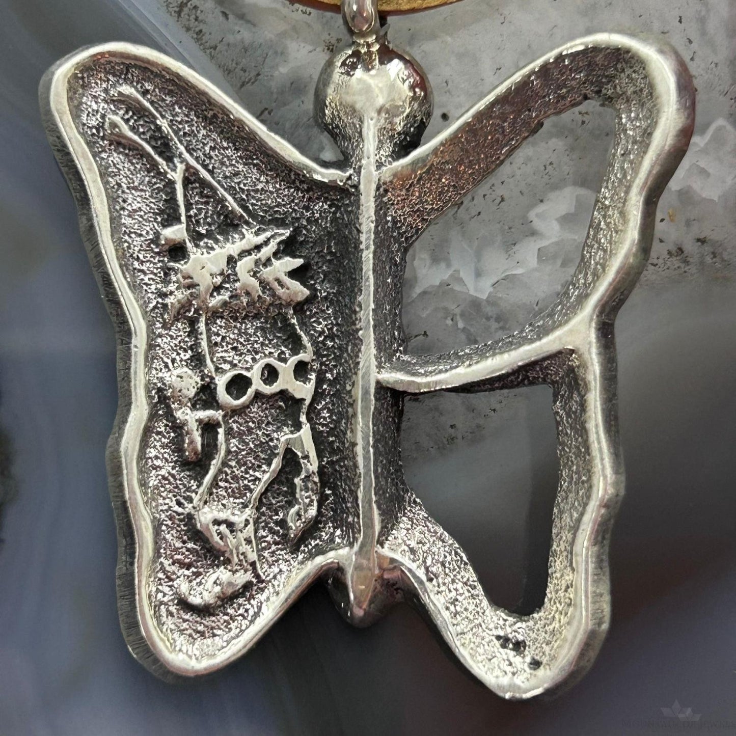 Gary Custer Navajo Sterling Silver Tufa Cast Butterfly w/Kachina Unisex Pendant