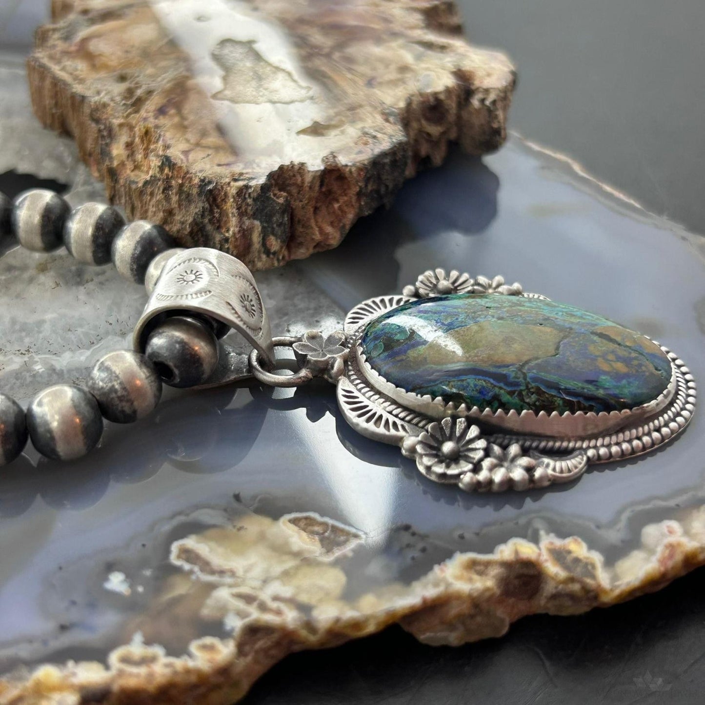 Sterling Silver Southwestern Style Oval Chrysocolla Decorated Pendant For Women