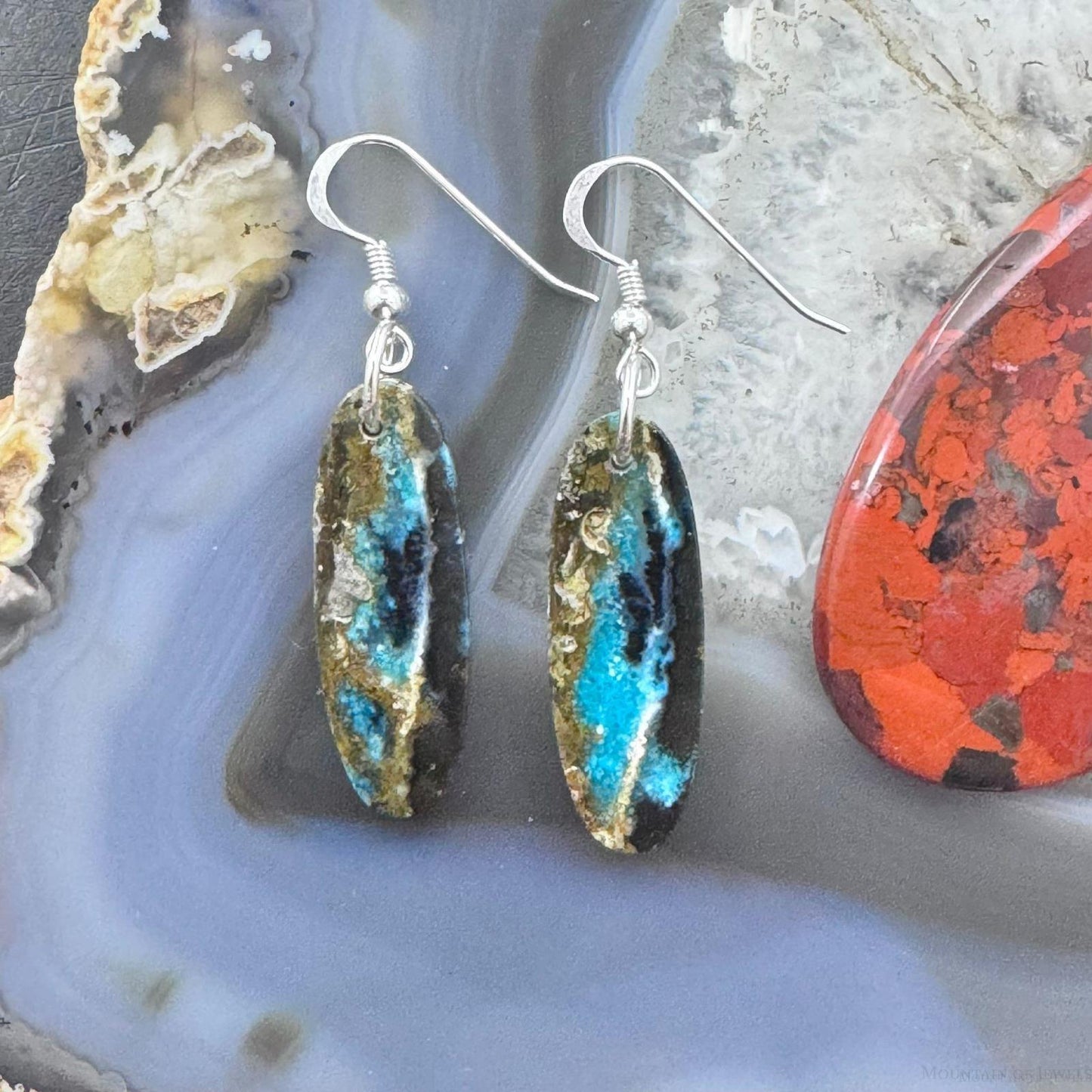 Sterling Silver Oval Chrysocolla Slab Dangle Earrings For Women #216